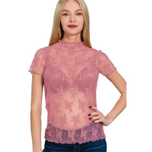 Zenana Lace See-through Layering Short Sleeve Top - Picture 2 of 3